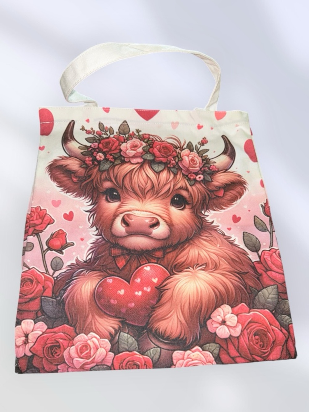 Cute Floral Highland Cow Tote Bag - Pink Bow New